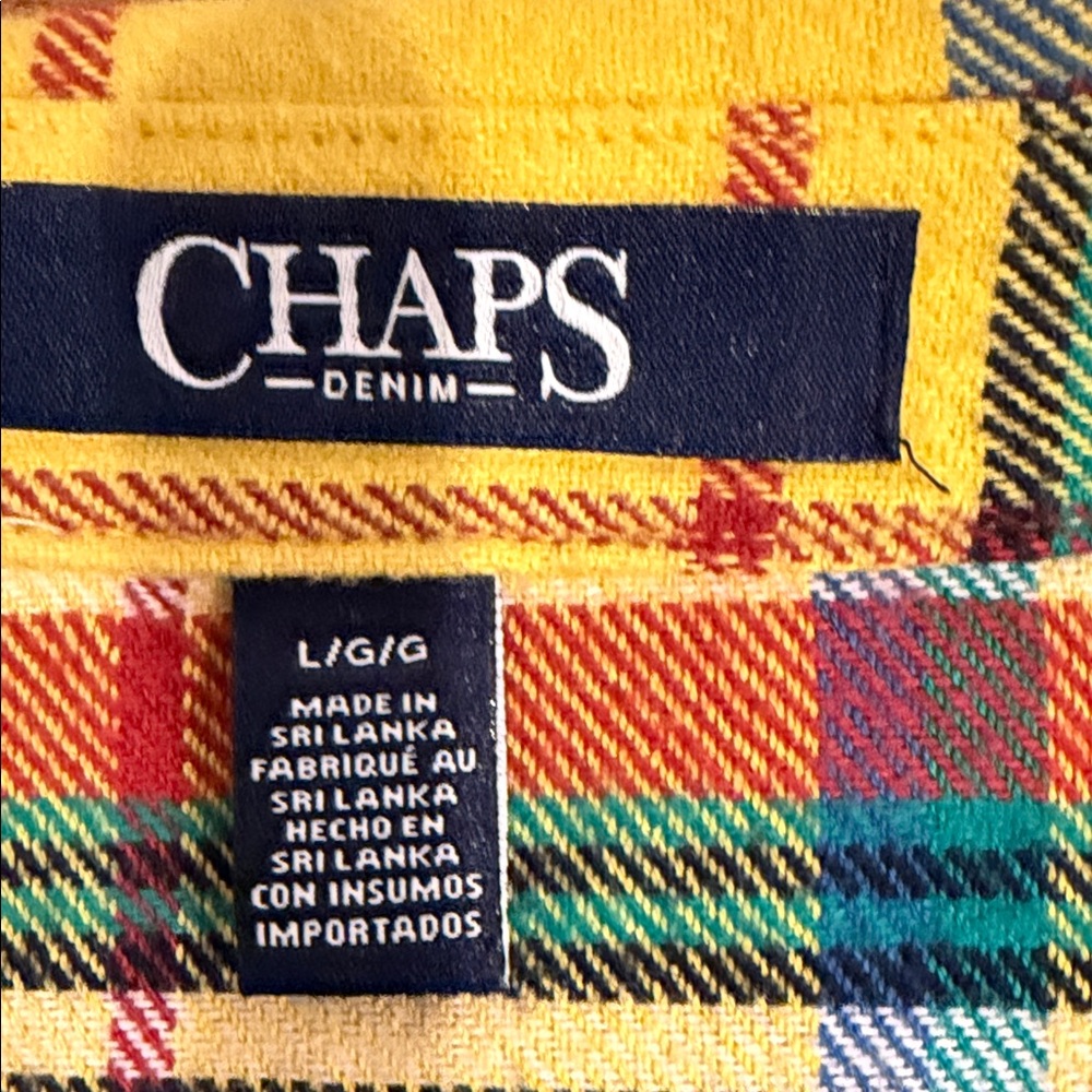Chaps Plaid Flannel Shacket L Zip Up Cotton Jacket Yellow Green Blue EUC - Picture 7 of 9